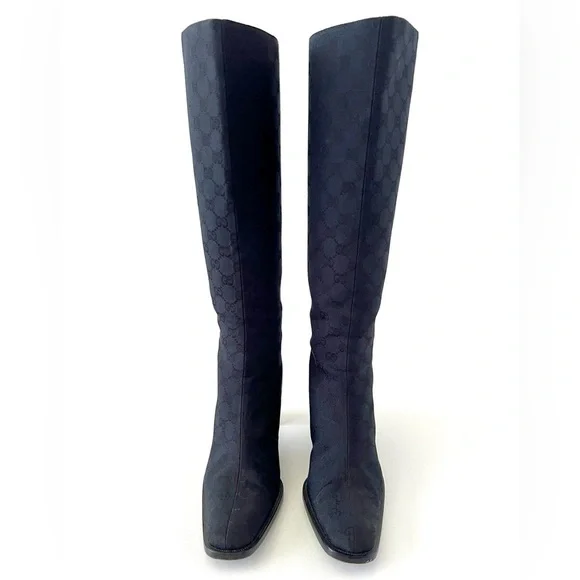 GUCCI || Vintage Y2K GG Monogram Canvas Square Toe Block Heel Knee High Boots - Picture 3 of 16